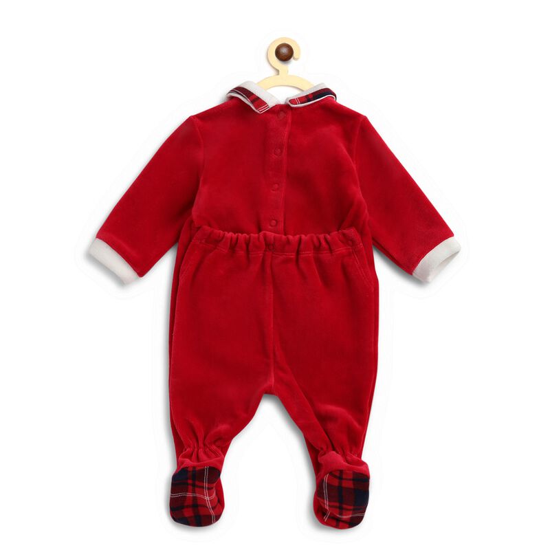 Boys Medium Red Velour Nappy Opening Babysuit image number 1